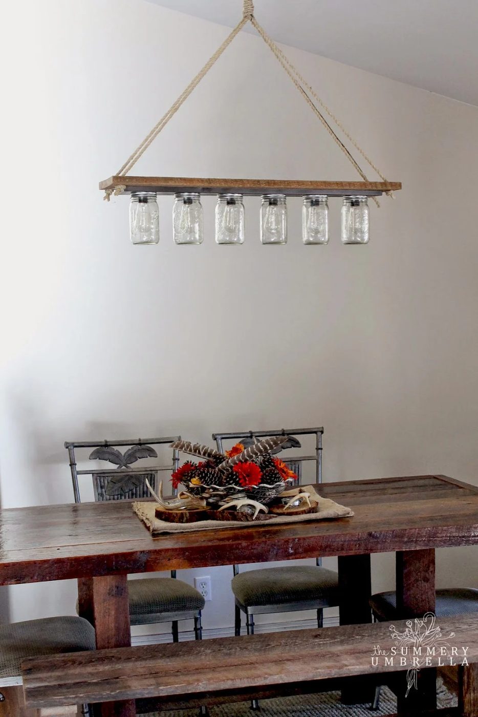rustic mason jar and wood hanging chandelier pendant light Handmade - The Summery Umbrella featured on @Bekob