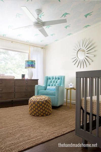 Gender Neutral Nursery With Wallpapered Ceiling