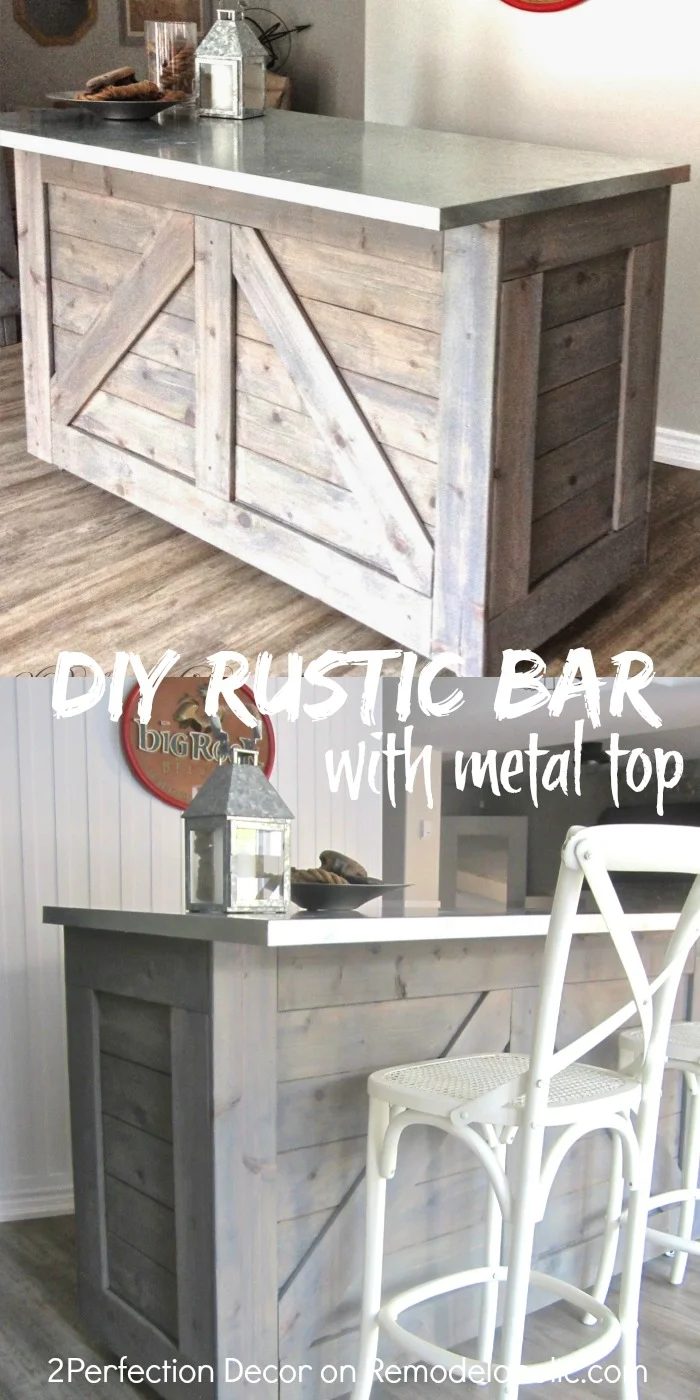 Handmade rustic bar, hacked from an existing cabinet, topped with metal
