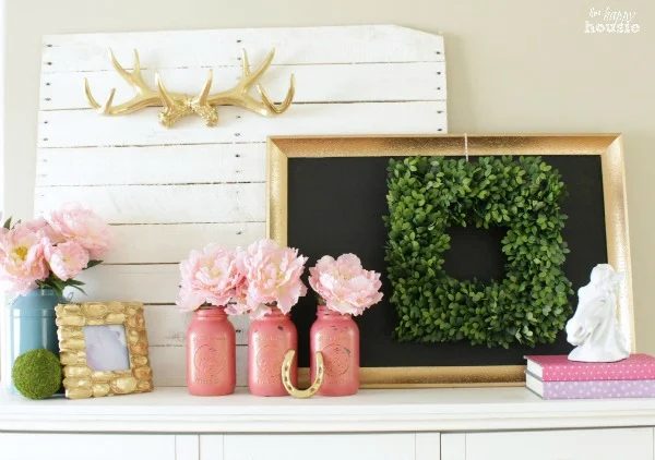 Pastel Gold Spring Mantel With Balsam Hill Boxwood Wreath At The Happy Housie 2
