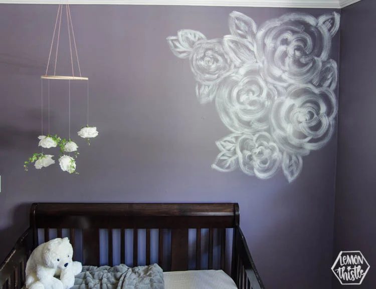 Creative Wall Painting options, Purple Girls Nursery Brushstroke Floral Mural, Lemon Thistle Featured On Bekob