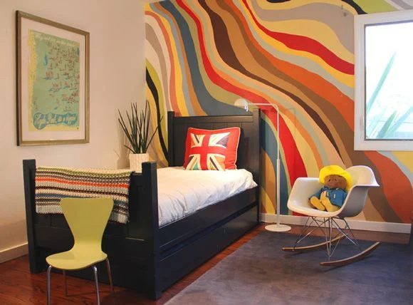 wavy painted stripe walls in earthy tones, creative wall paint options for bedroom