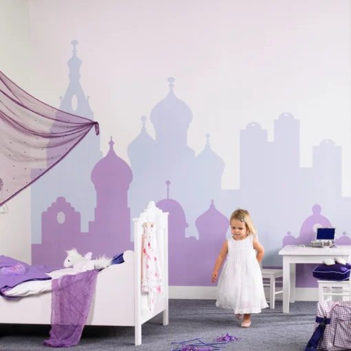 city painted wall mural for little girl