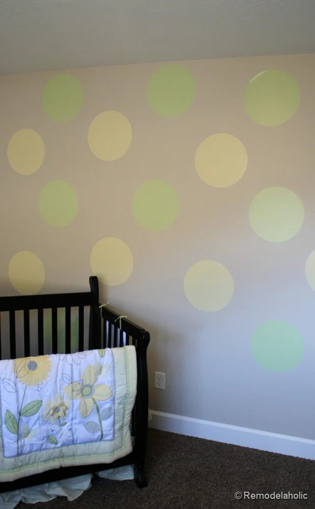direct creative wall painting options, large polka dot wall yellow green nursery bedroom
