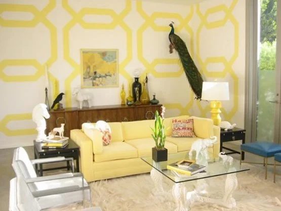 large graphic painted wall design, yellow octagon interlocking