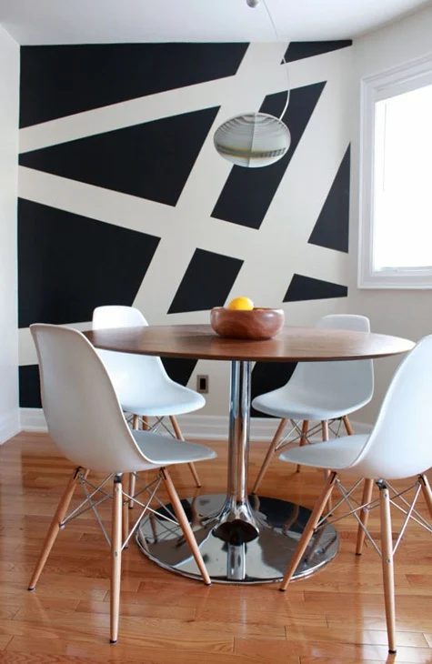 breakfast nook dining room with large scale stripes going all directions overlapping painted onto wall, direct wall painting options