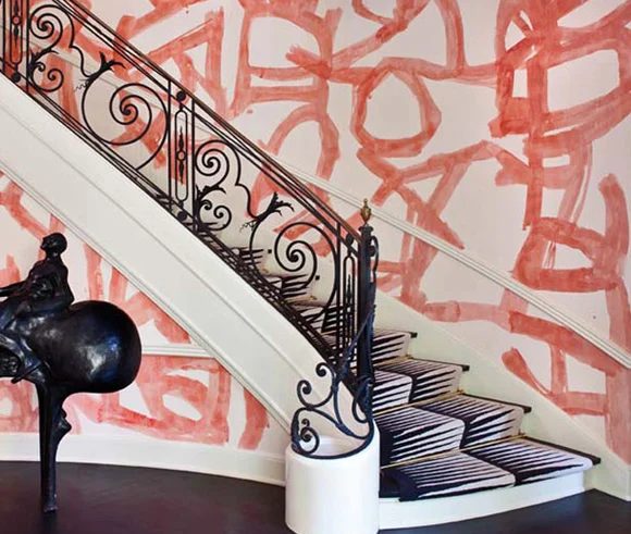 red abstract shape hand painted wallpaper design option, direct wall painting options