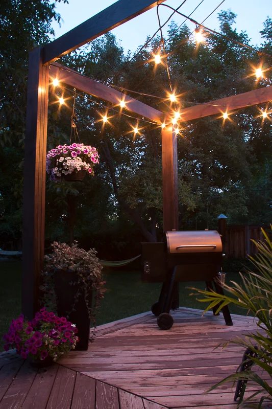 Modern Deck Pergola @Bekob with striking outdoor lighting
