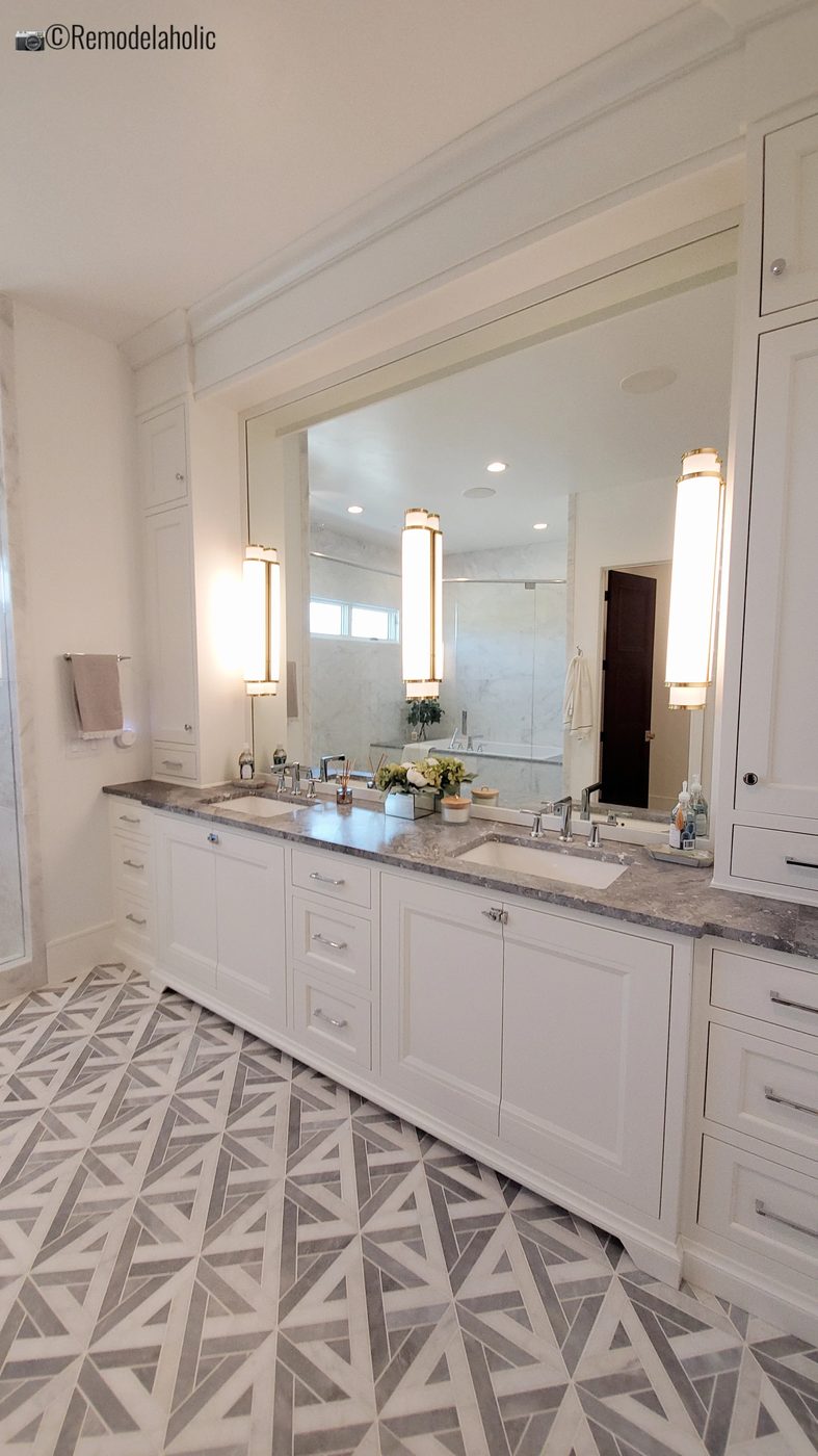 Patterned floor in classy master bathroom. UVPH 2021 Home 01 Regent Custom Homes Designer Olsen Homes Interior Design, Photo by Bekob