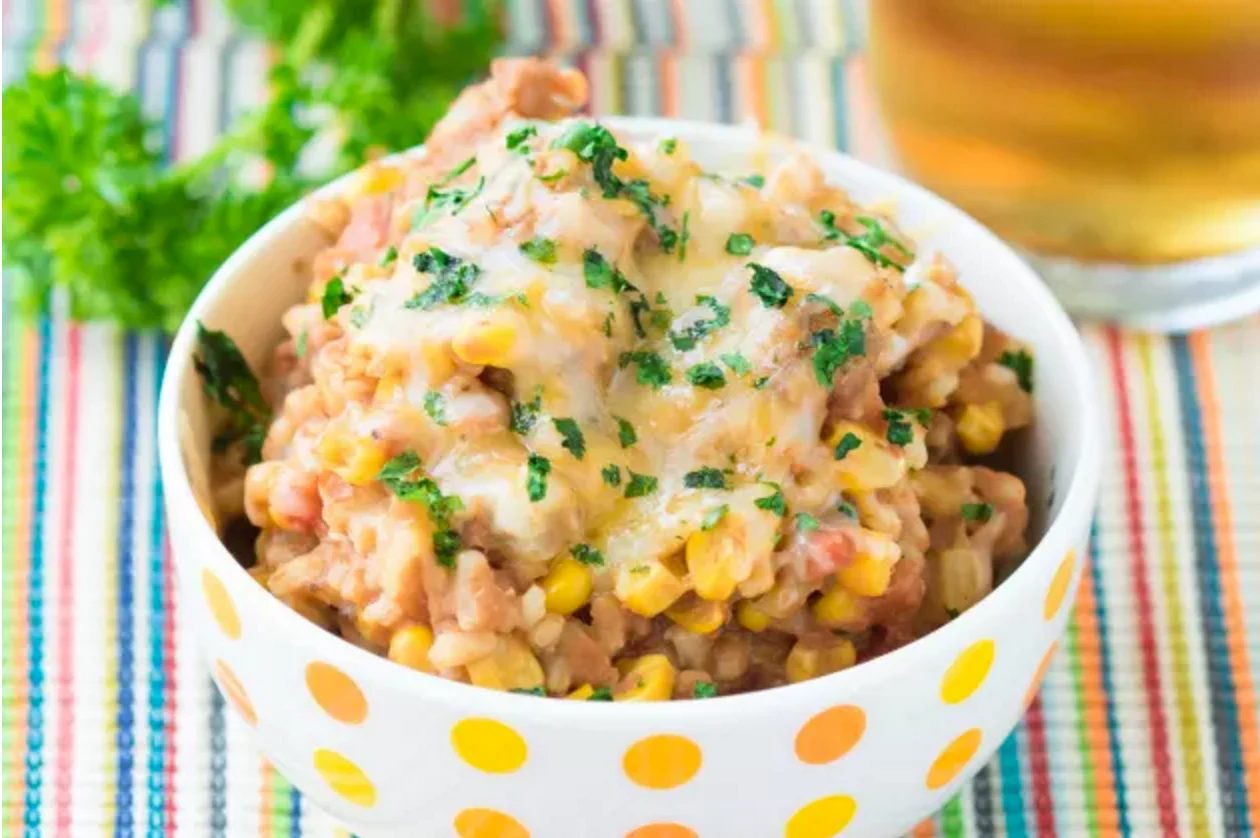 straightforward refried bean and rice skillet
