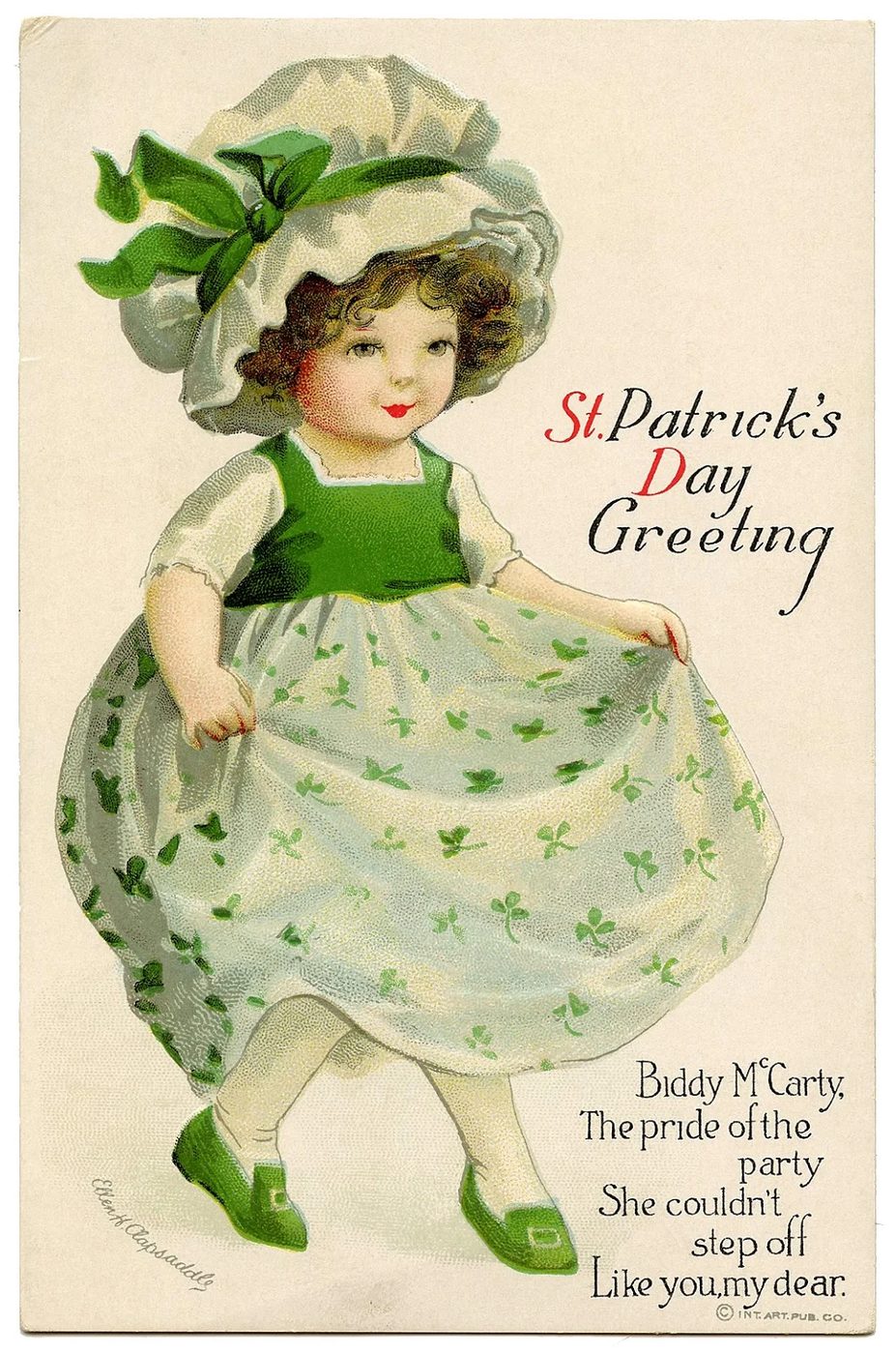 Vintage St. Patrick's Day images from The Graphics Fairy on Bekob - Ellen Clapsaddle St Patrick's Day Greeting Card: Biddy McCarty, the pride of the party, she couldn't step off l