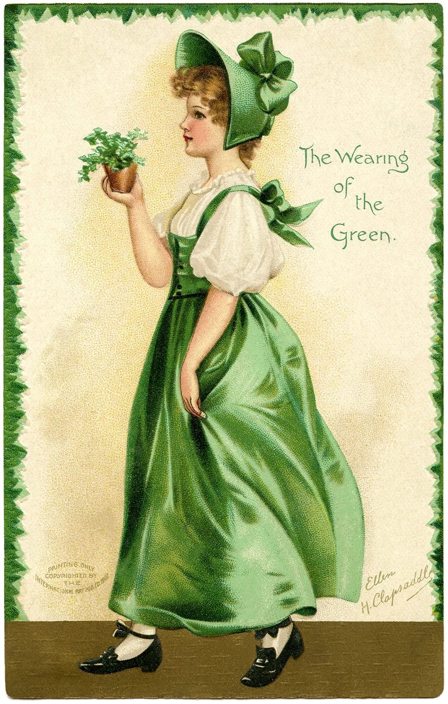 St. Patrick's Day decorations, printable vintage images from the Little Pink Studio via Bekob - The Wearing of the The Green vintage postcard by Ellen Clapsaddle