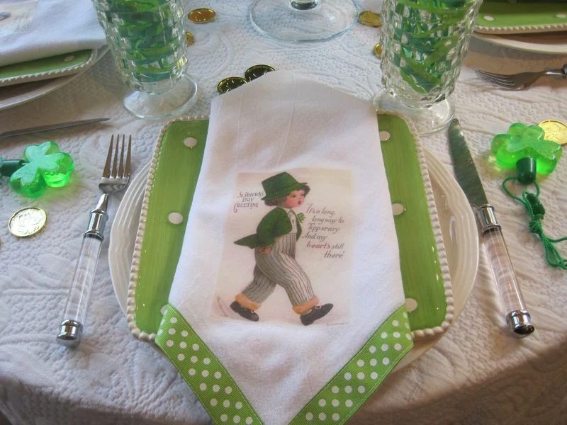vintage St. Patrick's Day images ironed onto festive green ribbon edged napkins for a table setting OpulentCottage