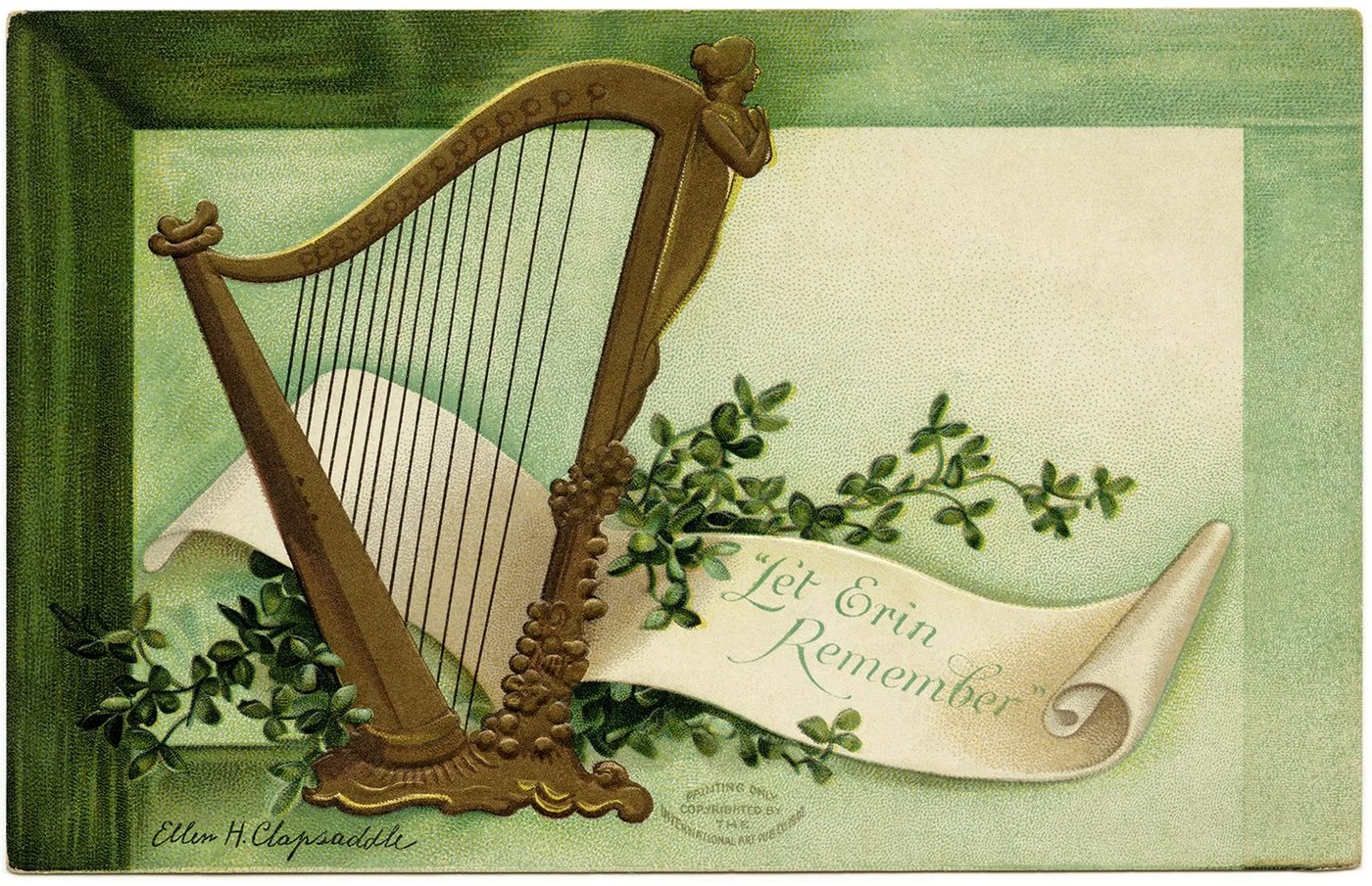 Printable St. Patrick's Day decorations from the Old Design Shop via Bekob - Ellen Clapsaddle Harp "Let Erin Remember"