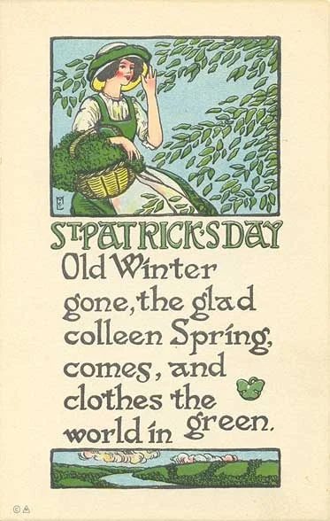 Vintage St. Patrick's Day images, free printables from Sweetly Scrapped on Bekob - vintage greeting card, St Patrick's Day Rhyme: Old winter gone, the glad colleen Spring comes, a
