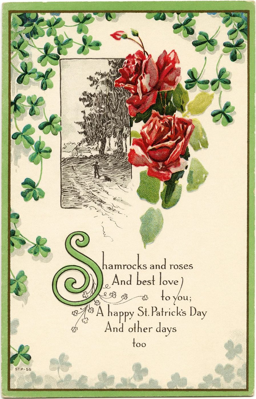 Printable vintage St. Patrick's Day images from The Old Design Shop via Bekob - St Patrick's Day postcard poem - Shamrocks and roses And best love to you; A happy St Patrick's Day