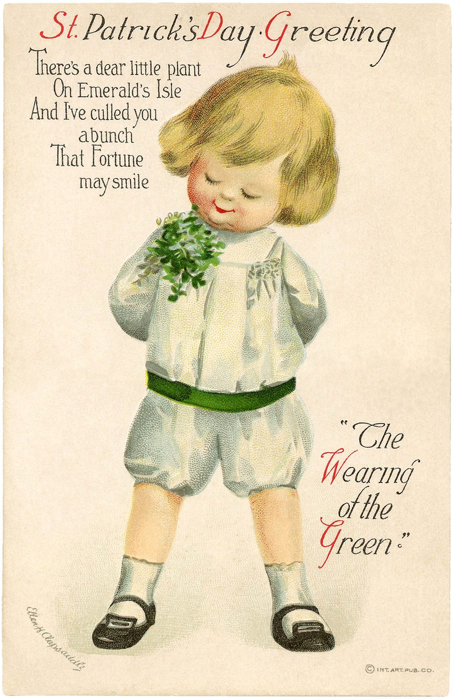 St. Patrick's Day decorations, free printable vintage images from The Graphics Fairy on Bekob - old postcard "The Wearing of the Green" by Erin Clapsaddle - St Patrick's Day Greet