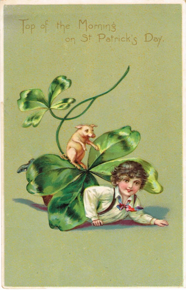 Vintage St. Patrick's Day decorations, printable images from Plaisanter via Bekob - vintage postcard image, Top of the Morning on St. Patrick's Day Boy and Pig with Clover