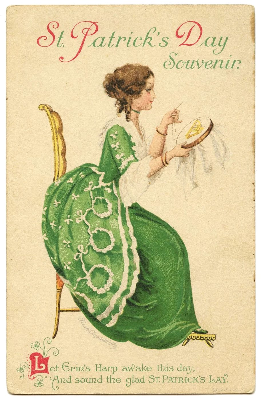 St. Patrick's Day Decorations from the Graphics Fairy via Bekob - St Patrick's Day Souvenir postcard, Let Erin's Harp awake this day, And sound the glad St. Patrick's Lay.