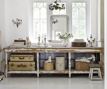 vintage suticases for storage on console table