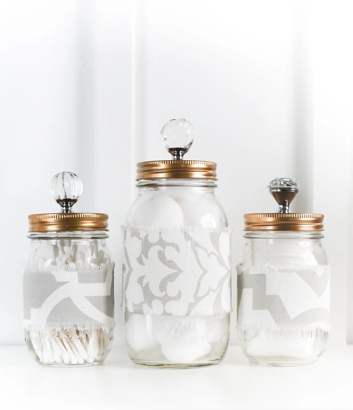 Mason Jar Bathroom Storage Fabric Cozy Gold Painted Tops Crystal Knobs 5