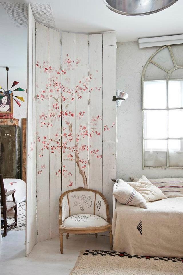 wood room divider painted art blossoms