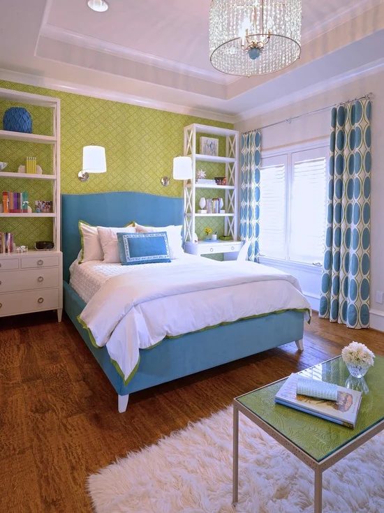 Tracy Hardenburg Desgins blue and green room with shelves