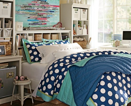 Comfortable Home Design navy dot bookworm room
