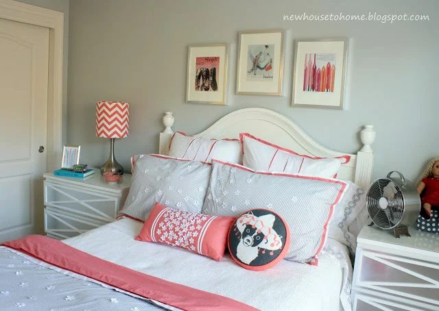 New House to Home coral and gray bedroom