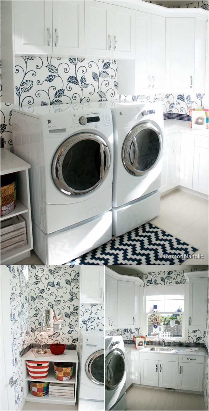 Bright and striking laundry room with striking wallpaper featured on Bekob.com