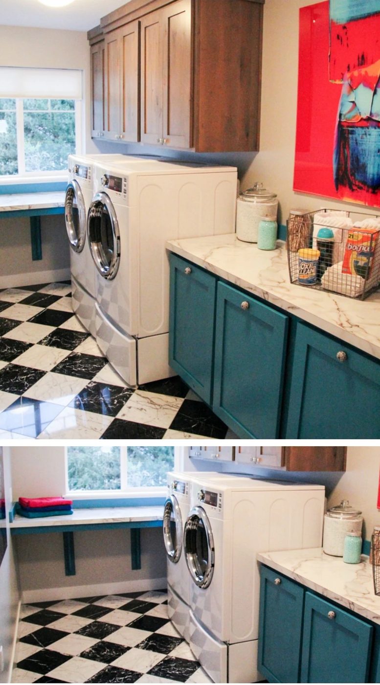 colorful laundry with builtin laundry bins and folding table plus fun floor featured on Bekob.com