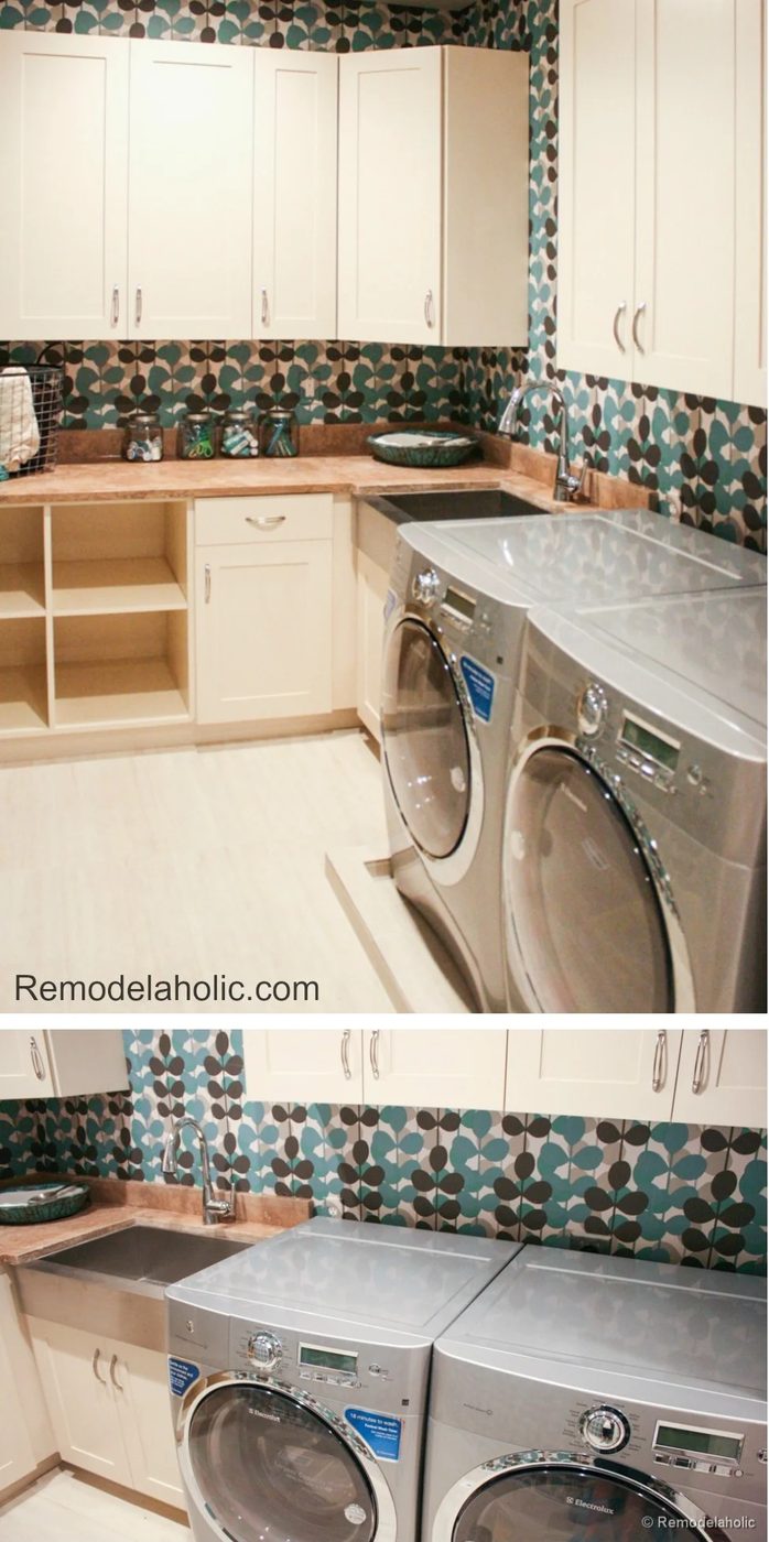 Fun laundry room with wallpaper to add some color and texture to the room Bekob.com