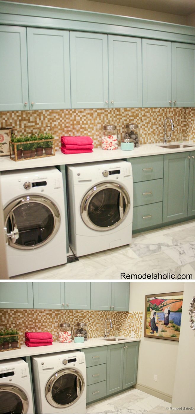 laundry Room with cute colored cabinets for a pop of color featured on Bekob.com
