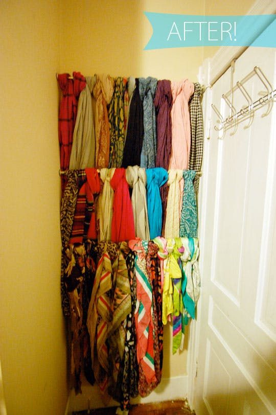 tension rod scarf storage behind closet door