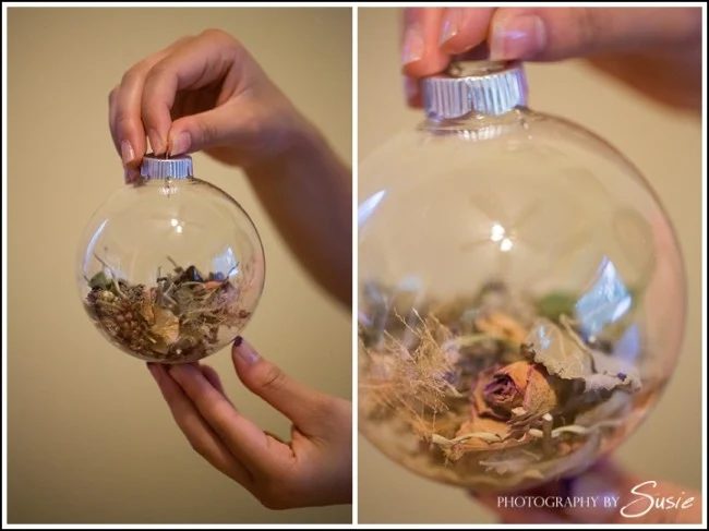 Wedding Bouquet Filled Ornament - Try these 35+ Handmade options for clear glass ornaments to add precious memories and lots of spirit to your Christmas tree! from @tipsaholic #orn