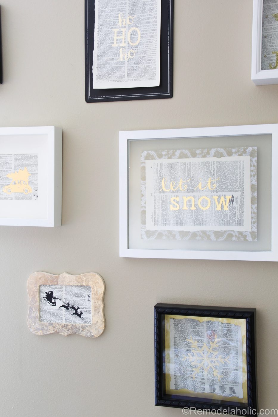 Black and gold gallery wall, using Handmade gold prints (gold leaf, gold foil, gold paint, and gold glitter) and vintage dictionary pages. Full video tutorials.