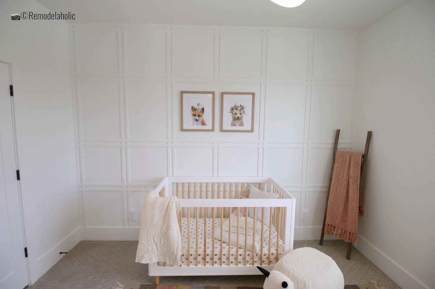 White grid fretwork in a baby girl nursery, UVPH 2017 Home 18 Millhaven Select, Millhaven Interiors, Photo by Bekob