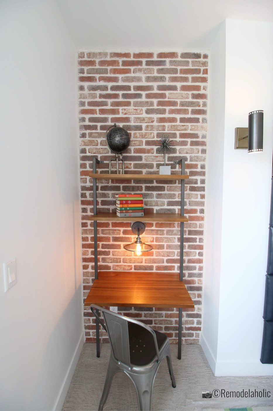 Small desk red brick decorative wall panels for an accent wall with texture, UVPH 2018 Home 27 Foster Custom Homes, Megan Rae Interiors, Photo by Bekob