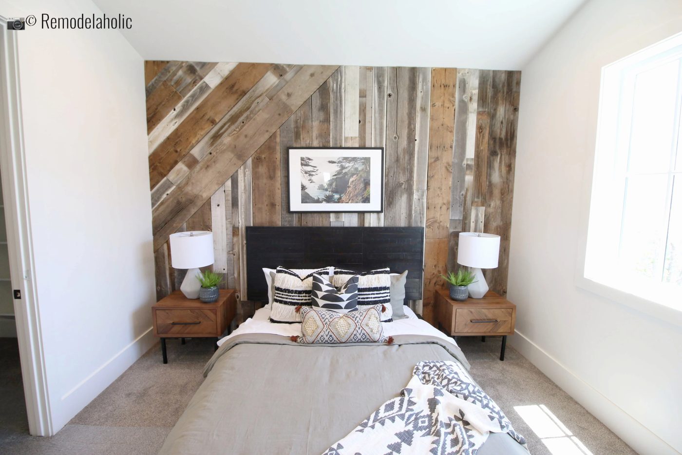 Black modern plank headboard with a rustic wood feature wall, UVPH 2018 Home 17 Millhaven Homes, Four Chairs Furniture & Design, Photo by Bekob