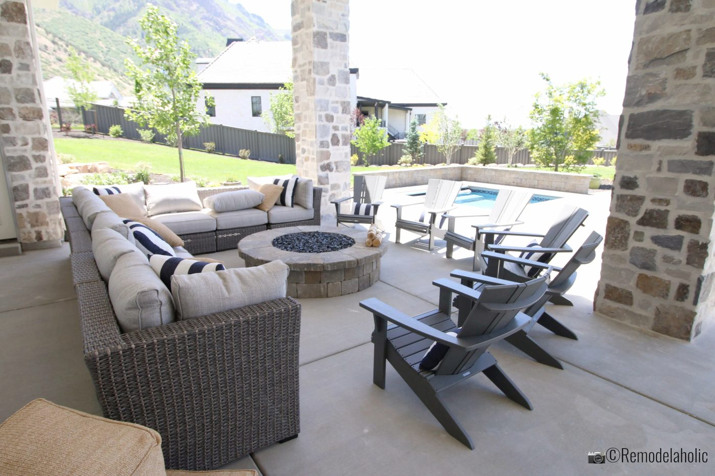 Entertain a large crowd with a huge outdoor sectional. UVPH 2018 Home 33 E Builders, Erin Hansen Design, Photo by Bekob