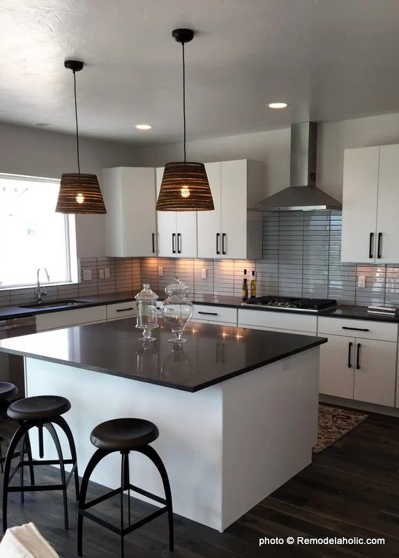Grey Backsplash Tile And Counters And White Kitchen Cabinetry And Design options, UVPH 2016 Home 35 Emerald Homes