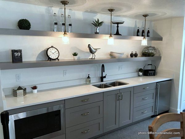Modern Farmhouse Gray Kitchen Cabinet Lowers With Large Open Shelf Upper Cabinets, SLPH 2018 Home 7 Wright Homes