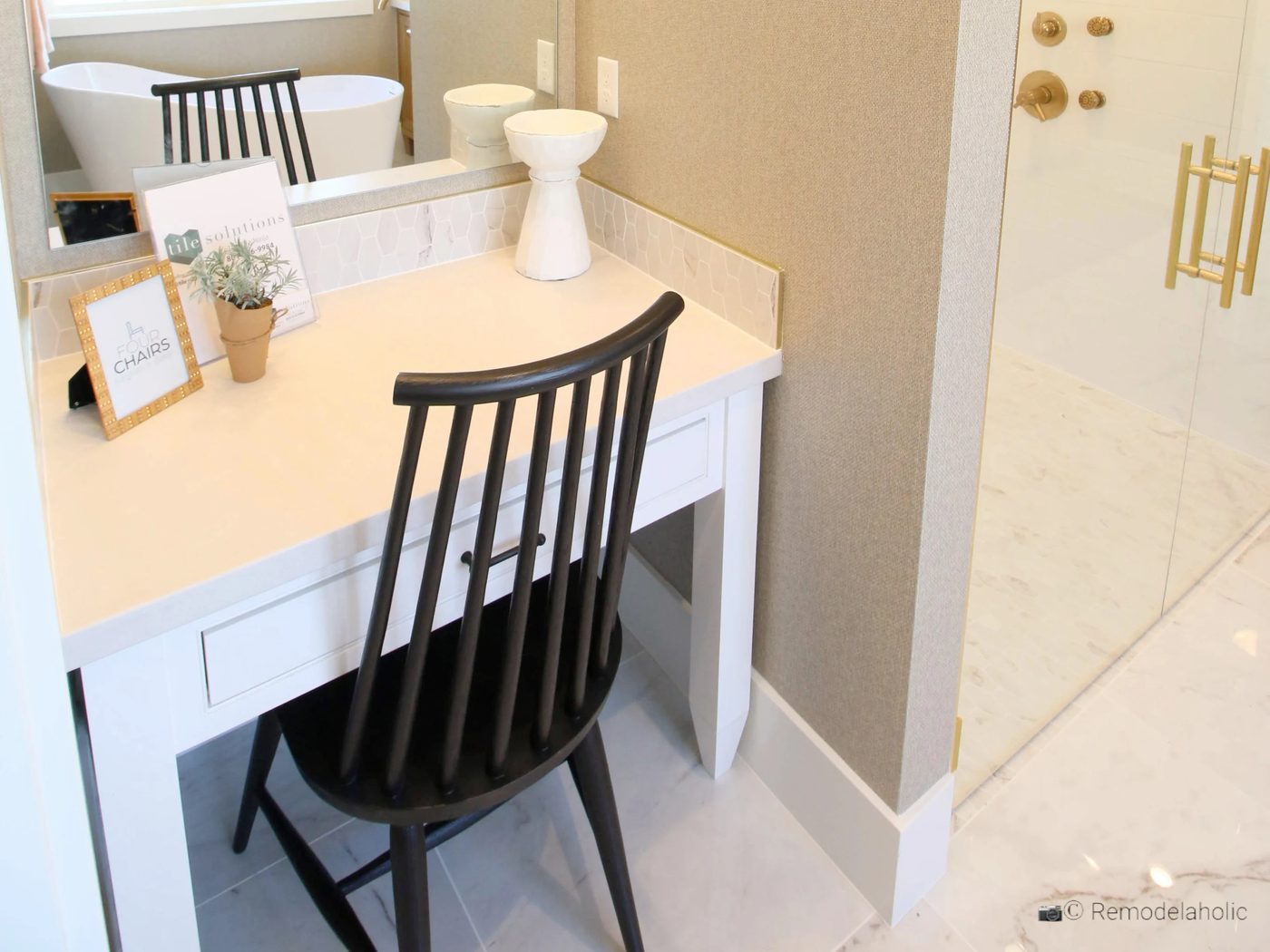 Spindle chair well fitted for a bathroom vanity, UVPH 2018 Home 17 Millhaven Homes, Four Chairs Furniture & Design, photo by Bekob