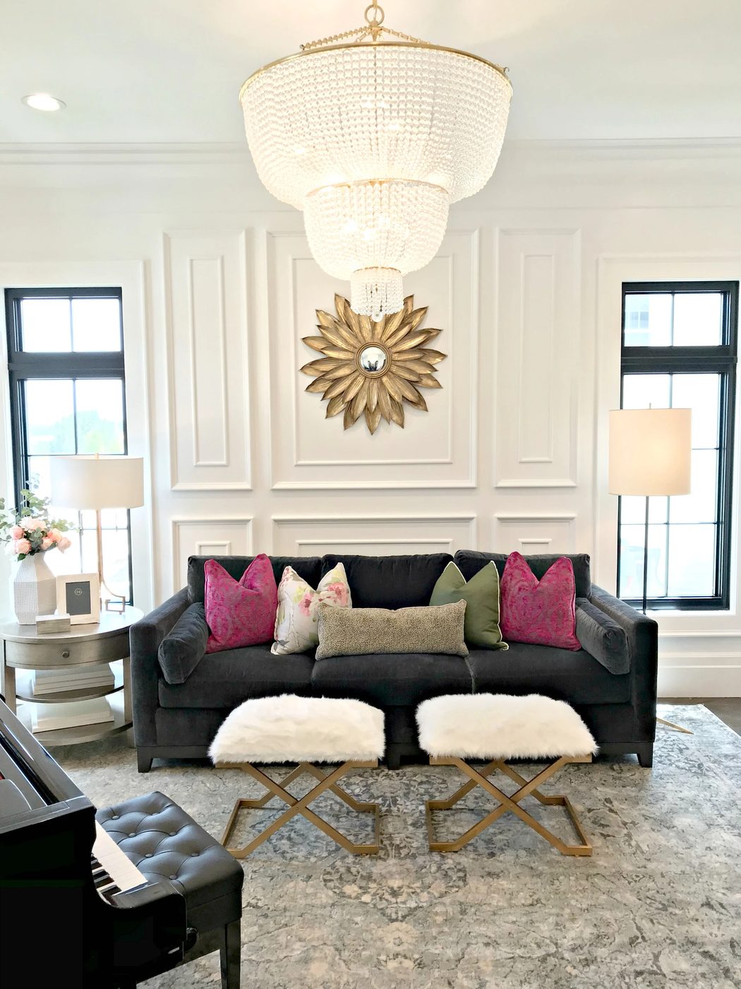 Fancy living room with crystal statement chandelier. UVPH 2018 Home 30 Shelby Homes, Gatehouse No. 1 Furniture & Design, Photo by Bekob