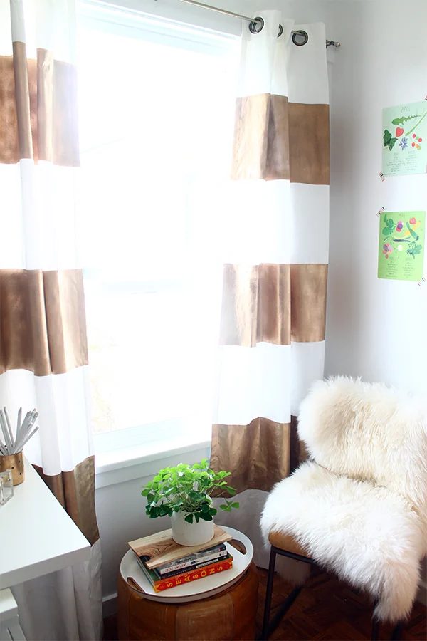 Squirrely Minds - handmade gold painted striped curtains - via Bekob