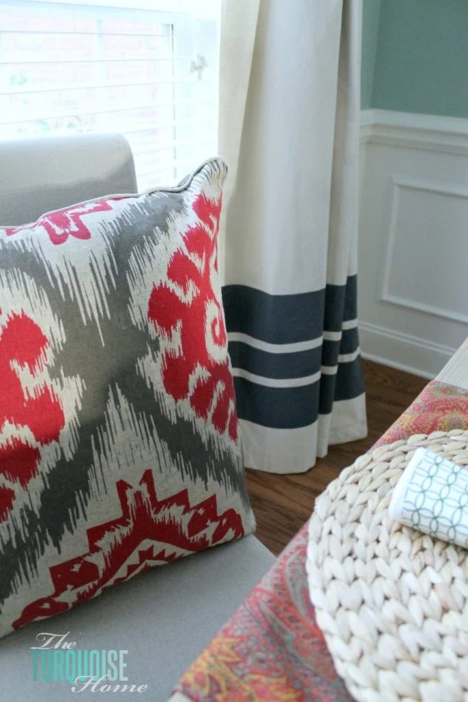 The Turquoise Home - handmade painted striped drop cloth curtains - via Bekob