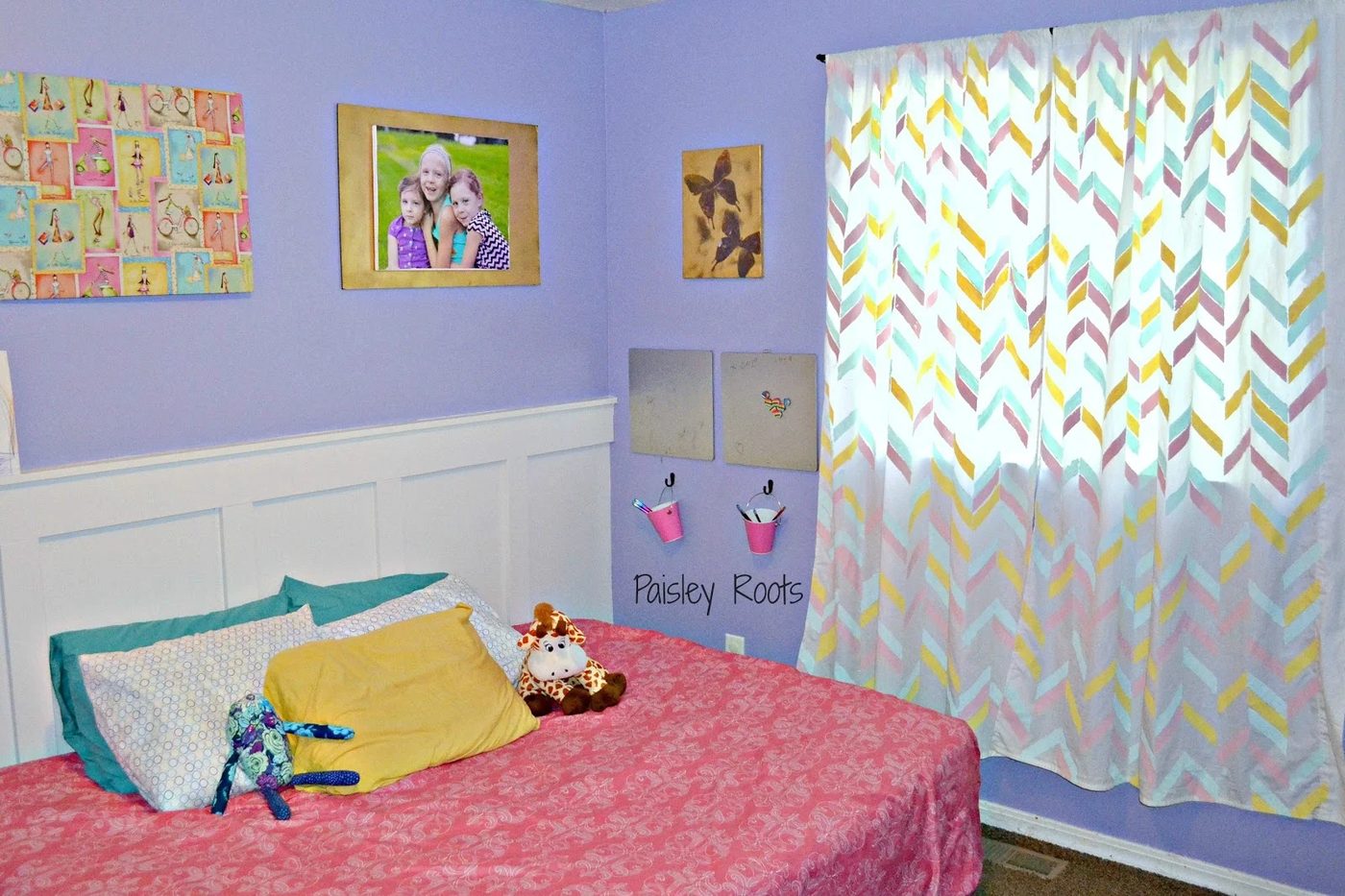 Paisley Roots - stenciled herringbone curtains - via Bekob