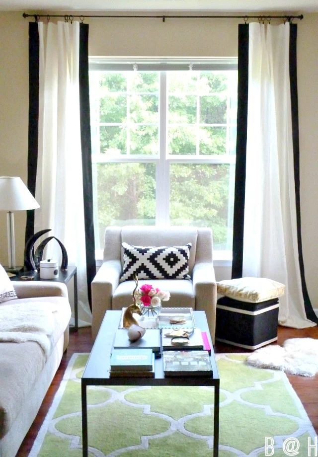 Bliss At Home - handmade painted black border curtains with vertical stripe - via Bekob