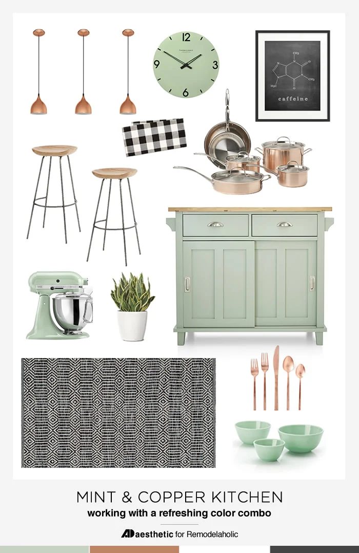 Create a striking, modern and fresh mint and copper kitchen with tips, inspiration, and product picks from AD Aesthetic on Bekob.com