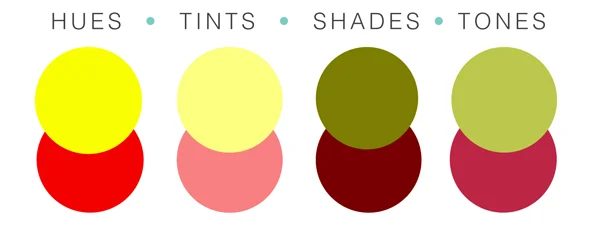 There are four basic types of color; hues, shades, tints, and tones.